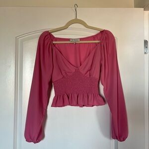 WAYF Pink Smocked V-neck Blouse XS